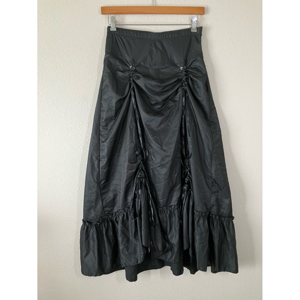 BURVOGUE Black Satin Skirt M Burlesque Lace Up‎ Flared Maximalist Renaissance